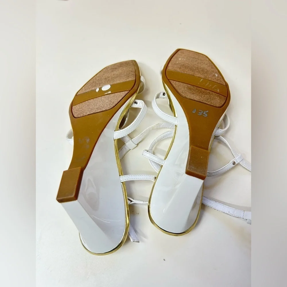 Etienne Aigner White and Gold High-Heeled Sandals